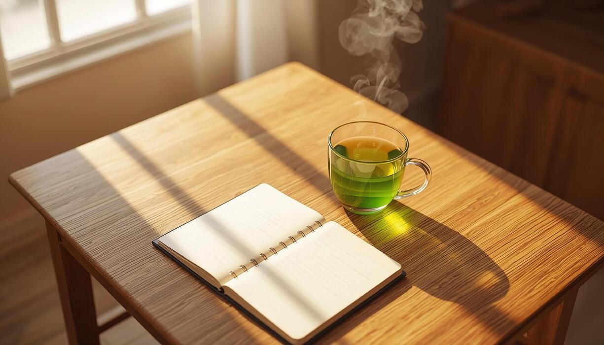 Quiet morning routine with notebook and warm drink on a wooden desk